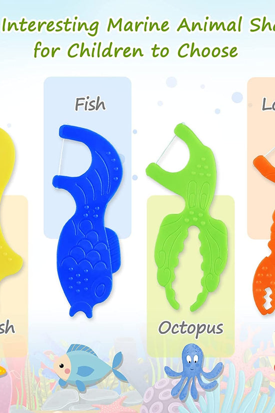 Kids Flossers, Kids Dental Floss Picks without Fluoride, Unflavored, 4 Colors Ocean Animals Shaped Makes Flossing Fun, 50 Count - Velinare