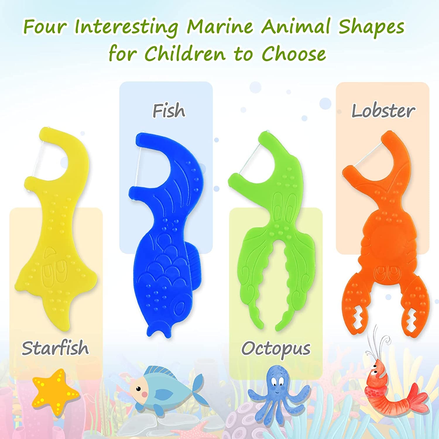 Kids Flossers, Kids Dental Floss Picks without Fluoride, Unflavored, 4 Colors Ocean Animals Shaped Makes Flossing Fun, 50 Count - Velinare