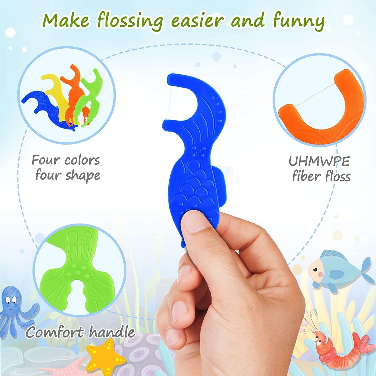 Kids Flossers, Kids Dental Floss Picks without Fluoride, Unflavored, 4 Colors Ocean Animals Shaped Makes Flossing Fun, 50 Count - Velinare