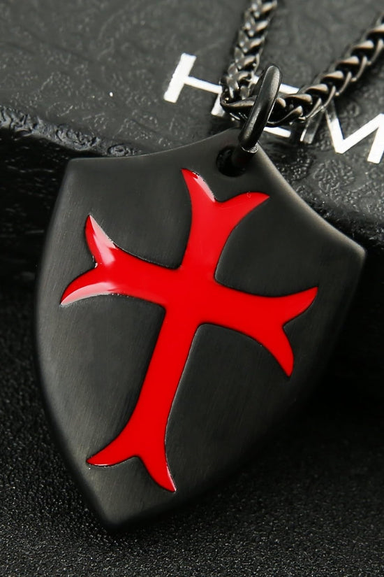 Knights Templar Cross Joshua 1:9 Shield Stainless Steel Pendant Necklace with 22+2 Inch Chain - Velinare