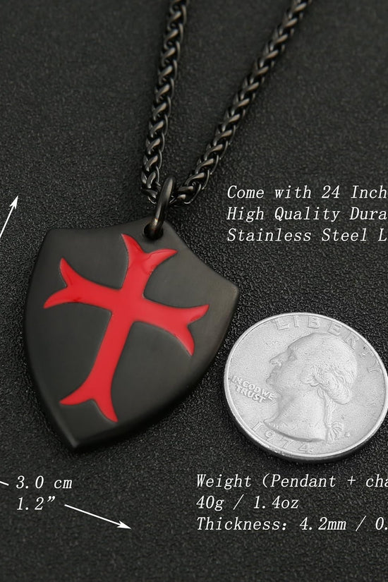 Knights Templar Cross Joshua 1:9 Shield Stainless Steel Pendant Necklace with 22+2 Inch Chain - Velinare