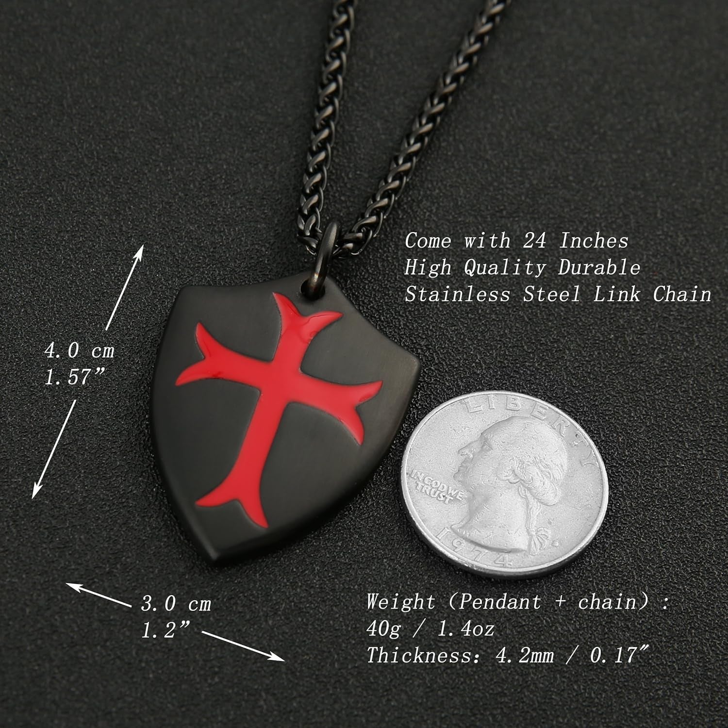 Knights Templar Cross Joshua 1:9 Shield Stainless Steel Pendant Necklace with 22+2 Inch Chain - Velinare