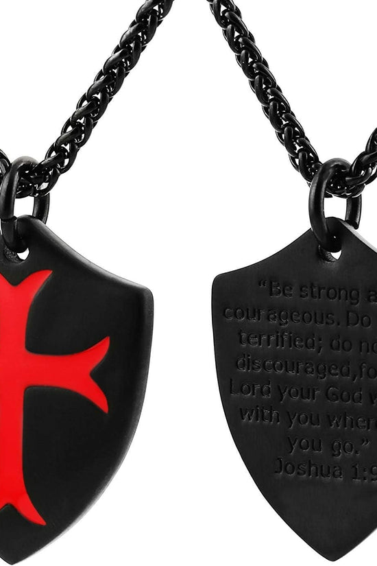 Knights Templar Cross Joshua 1:9 Shield Stainless Steel Pendant Necklace with 22+2 Inch Chain - Velinare
