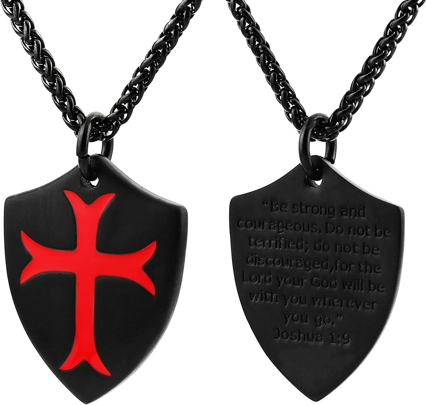Knights Templar Cross Joshua 1:9 Shield Stainless Steel Pendant Necklace with 22+2 Inch Chain - Velinare