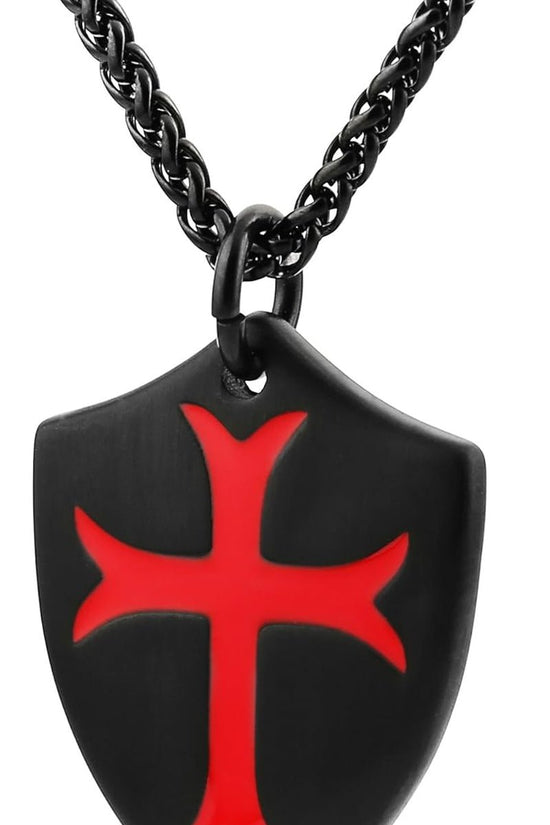 Knights Templar Cross Joshua 1:9 Shield Stainless Steel Pendant Necklace with 22+2 Inch Chain - Velinare