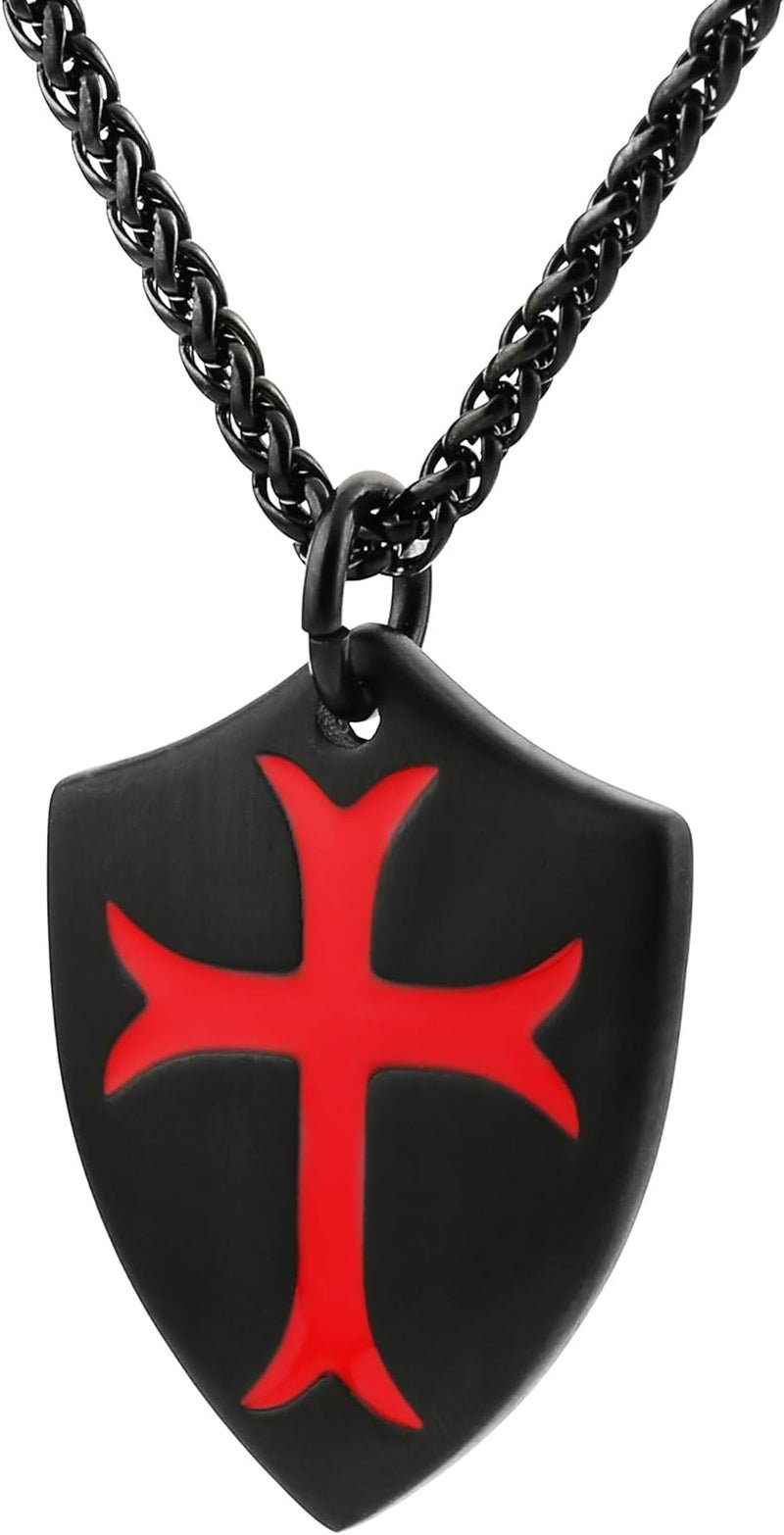 Knights Templar Cross Joshua 1:9 Shield Stainless Steel Pendant Necklace with 22+2 Inch Chain - Velinare