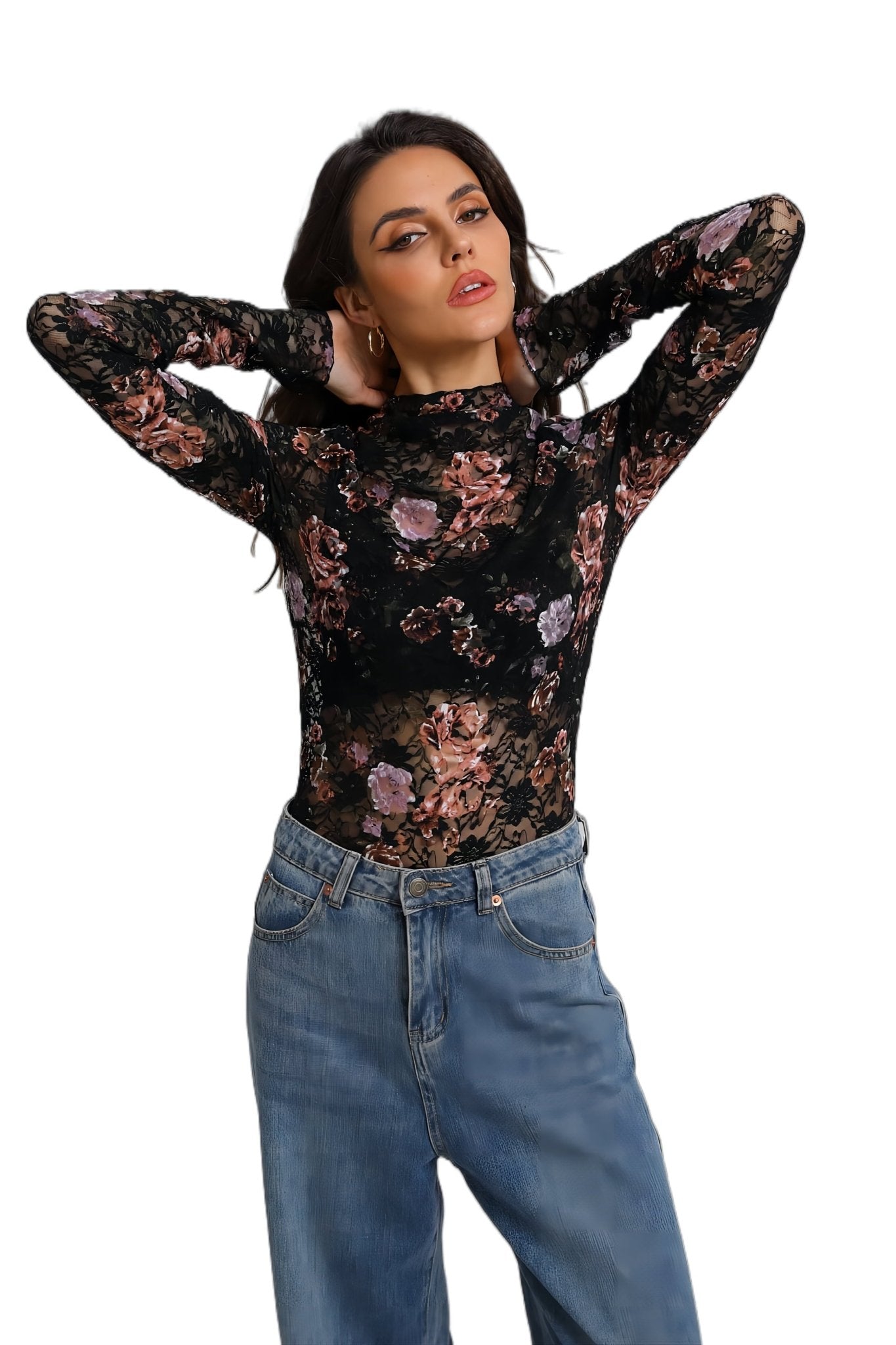Lace Top with Long Sleeves Stand Collar Embroidered Floral Design Ideal for Parties and Clubs Xs - Xxl - Velinare