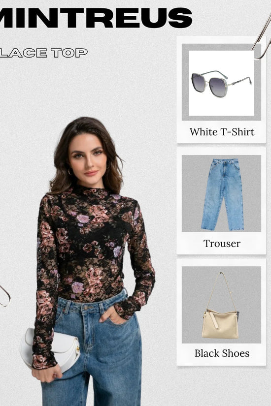 Lace Top with Long Sleeves Stand Collar Embroidered Floral Design Ideal for Parties and Clubs Xs - Xxl - Velinare