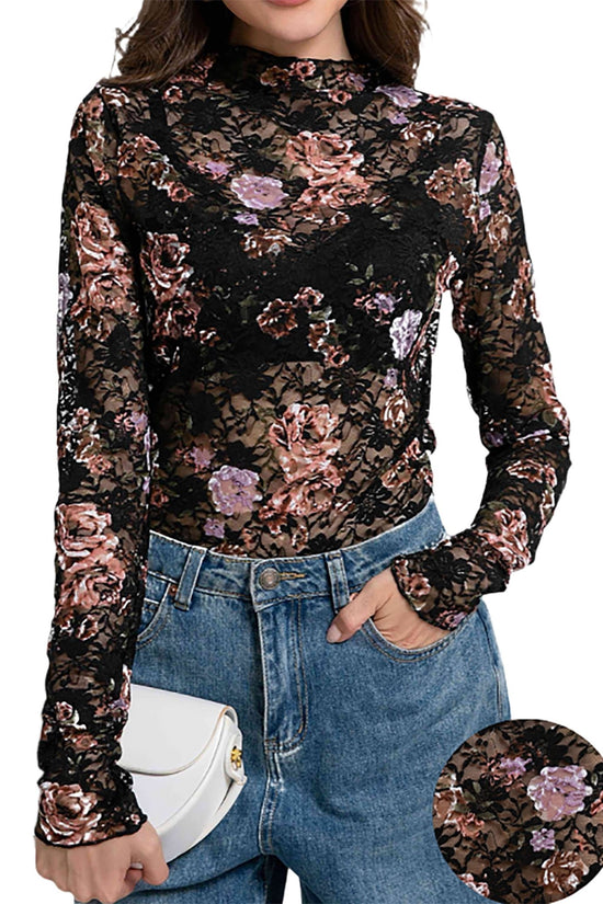 Lace Top with Long Sleeves Stand Collar Embroidered Floral Design Ideal for Parties and Clubs Xs - Xxl - Velinare