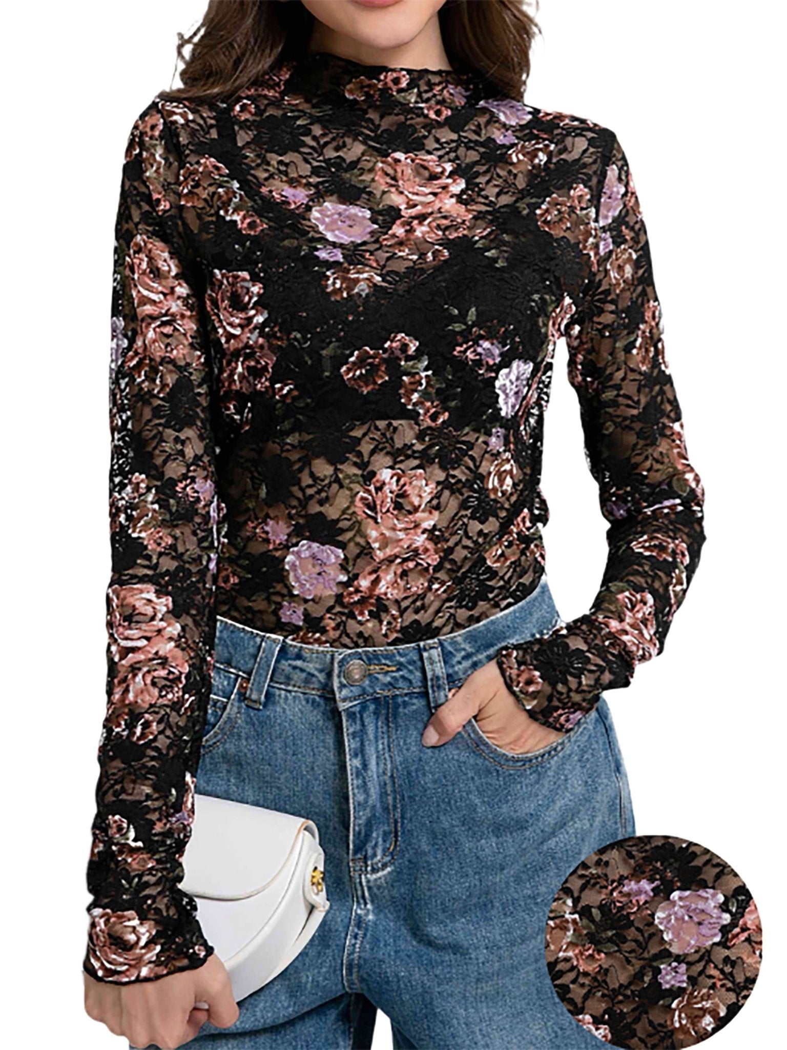 Lace Top with Long Sleeves Stand Collar Embroidered Floral Design Ideal for Parties and Clubs Xs - Xxl - Velinare