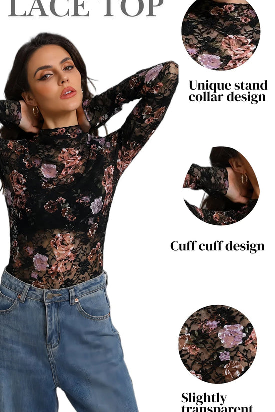 Lace Top with Long Sleeves Stand Collar Embroidered Floral Design Ideal for Parties and Clubs Xs - Xxl - Velinare