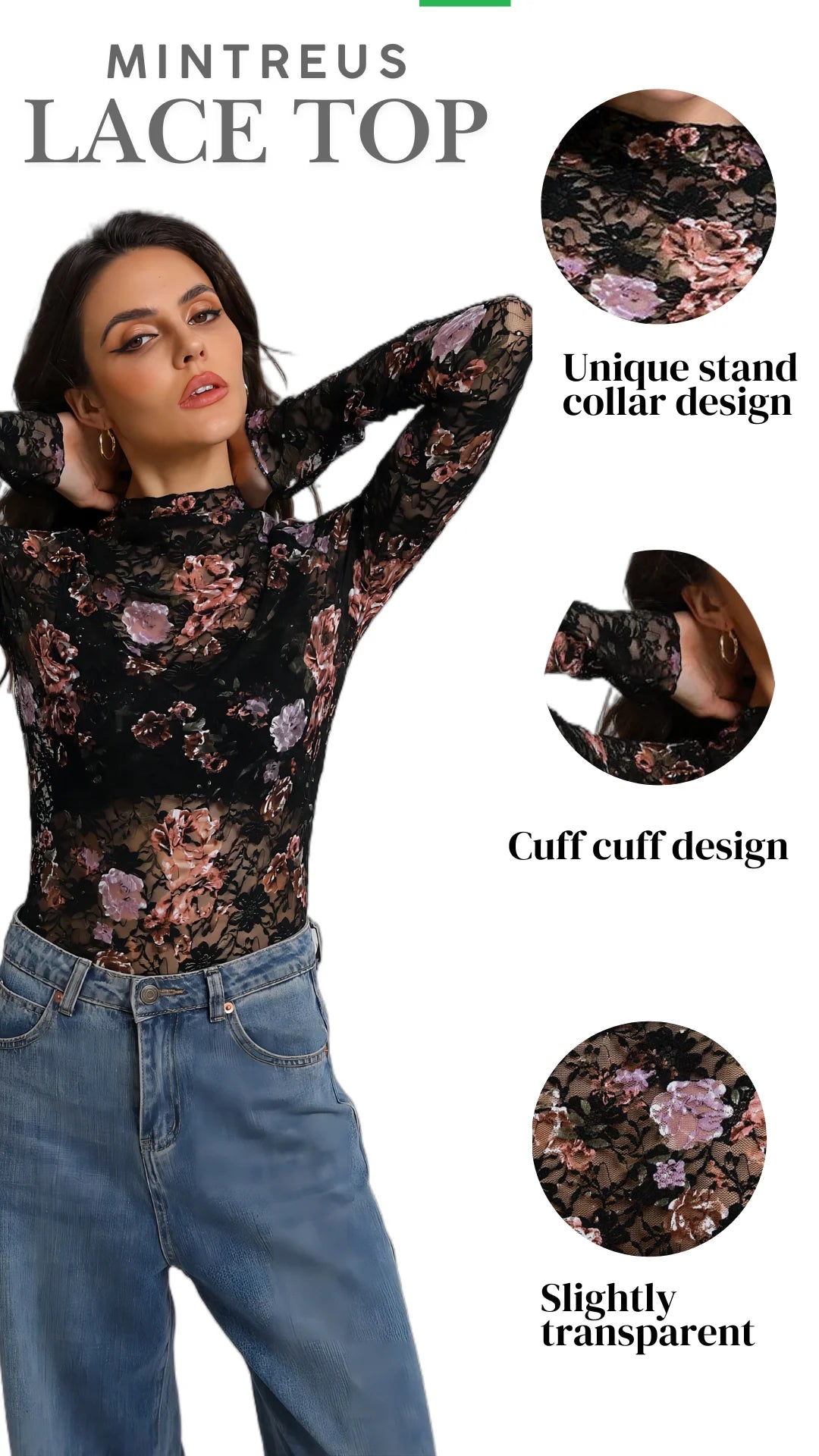 Lace Top with Long Sleeves Stand Collar Embroidered Floral Design Ideal for Parties and Clubs Xs - Xxl - Velinare