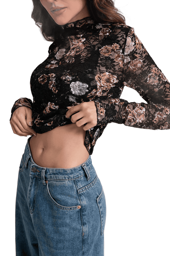 Lace Top with Long Sleeves Stand Collar Embroidered Floral Design Ideal for Parties and Clubs Xs - Xxl - Velinare