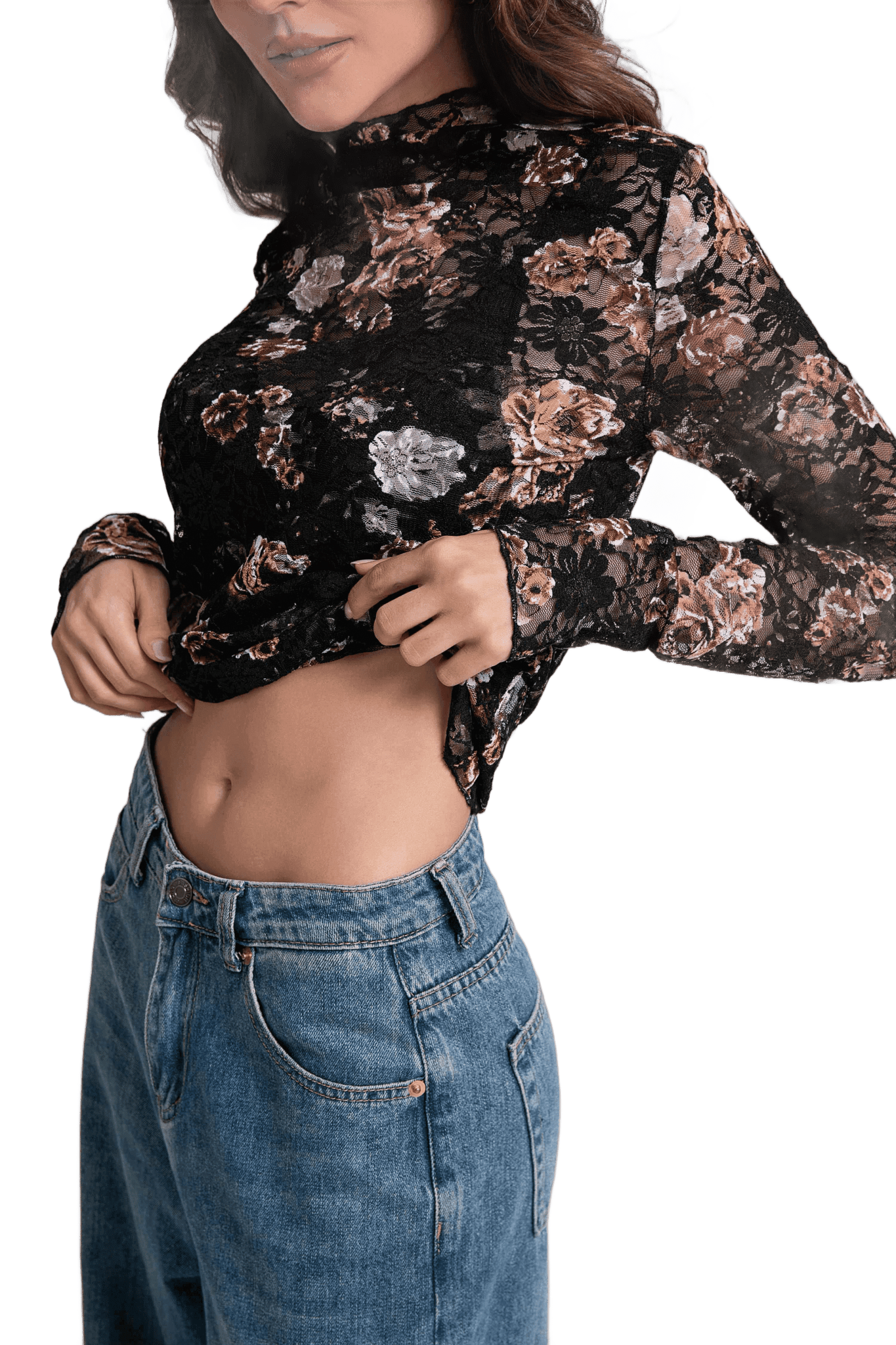 Lace Top with Long Sleeves Stand Collar Embroidered Floral Design Ideal for Parties and Clubs Xs - Xxl - Velinare