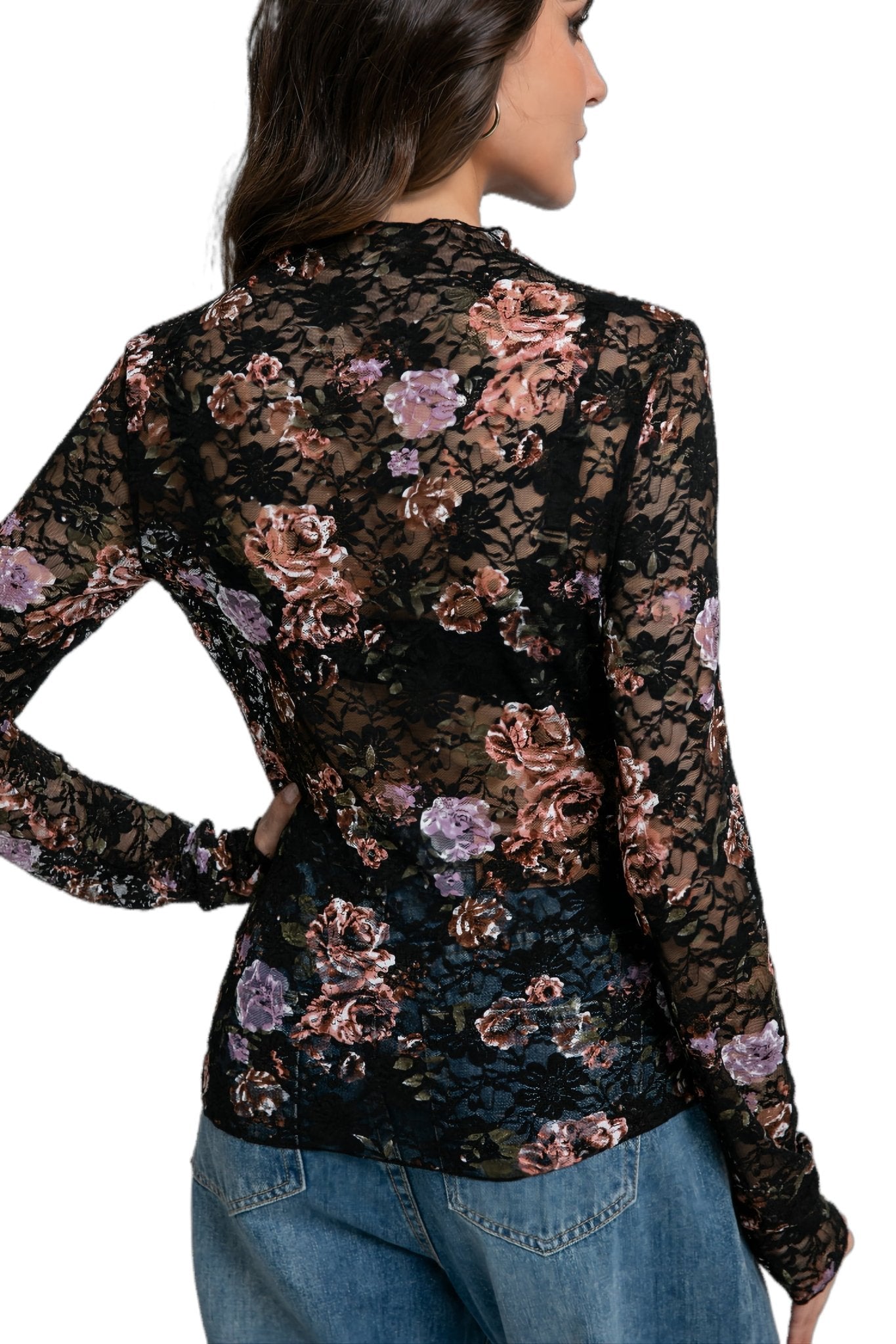 Lace Top with Long Sleeves Stand Collar Embroidered Floral Design Ideal for Parties and Clubs Xs - Xxl - Velinare