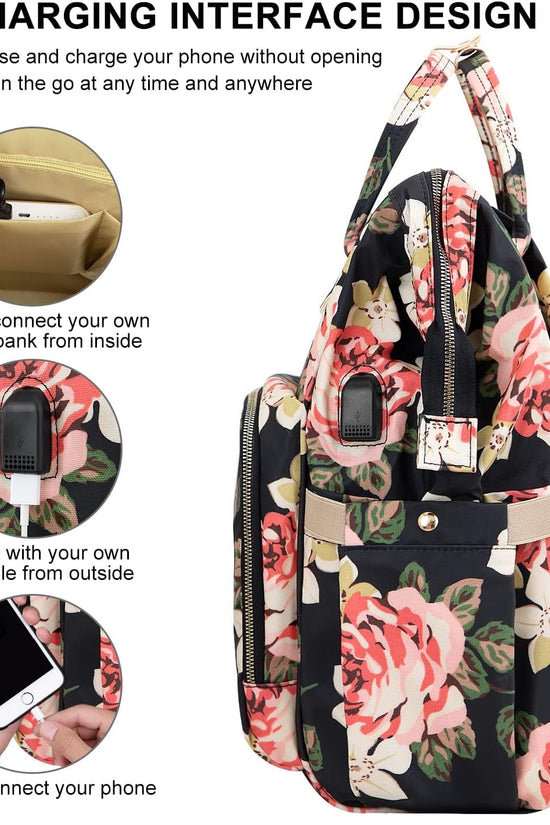 Laptop Backpack for Women,15.6 Inch Stylish College School Backpack with USB Charging Port,Water Resistant Casual Daypack Laptop Backpack for Girls/Nurse/Teacher/Travel (Flower Pattern) - Velinare