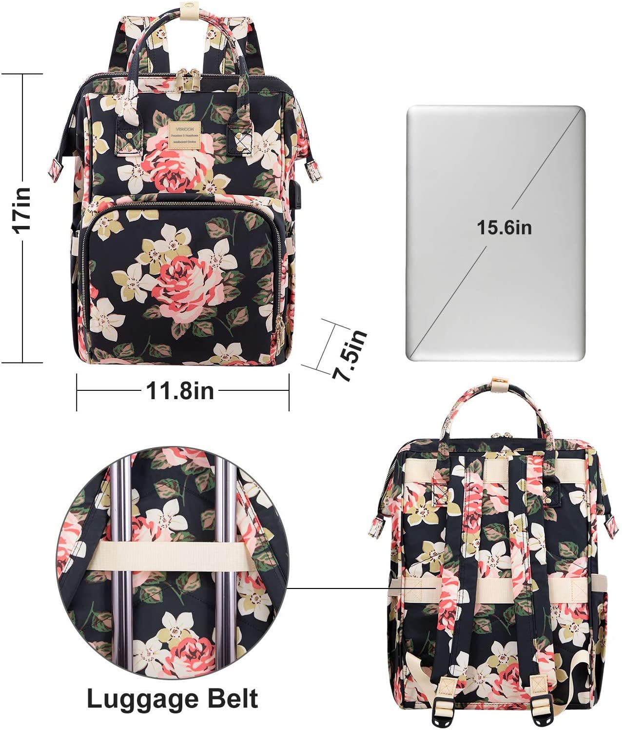 Laptop Backpack for Women,15.6 Inch Stylish College School Backpack with USB Charging Port,Water Resistant Casual Daypack Laptop Backpack for Girls/Nurse/Teacher/Travel (Flower Pattern) - Velinare