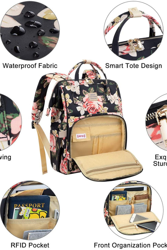 Laptop Backpack for Women,15.6 Inch Stylish College School Backpack with USB Charging Port,Water Resistant Casual Daypack Laptop Backpack for Girls/Nurse/Teacher/Travel (Flower Pattern) - Velinare