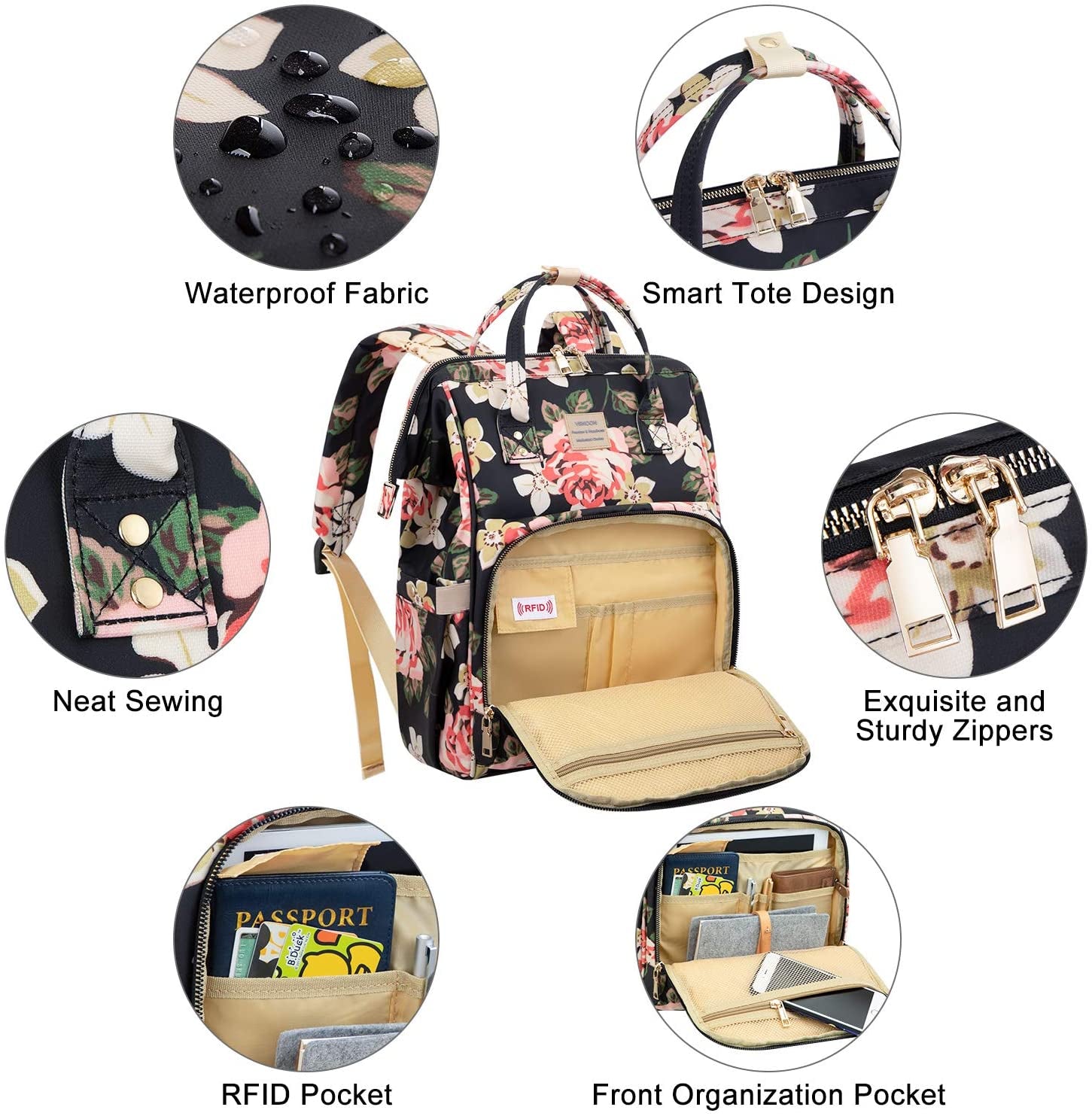 Laptop Backpack for Women,15.6 Inch Stylish College School Backpack with USB Charging Port,Water Resistant Casual Daypack Laptop Backpack for Girls/Nurse/Teacher/Travel (Flower Pattern) - Velinare