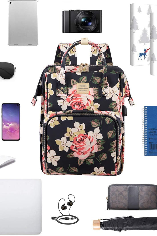 Laptop Backpack for Women,15.6 Inch Stylish College School Backpack with USB Charging Port,Water Resistant Casual Daypack Laptop Backpack for Girls/Nurse/Teacher/Travel (Flower Pattern) - Velinare