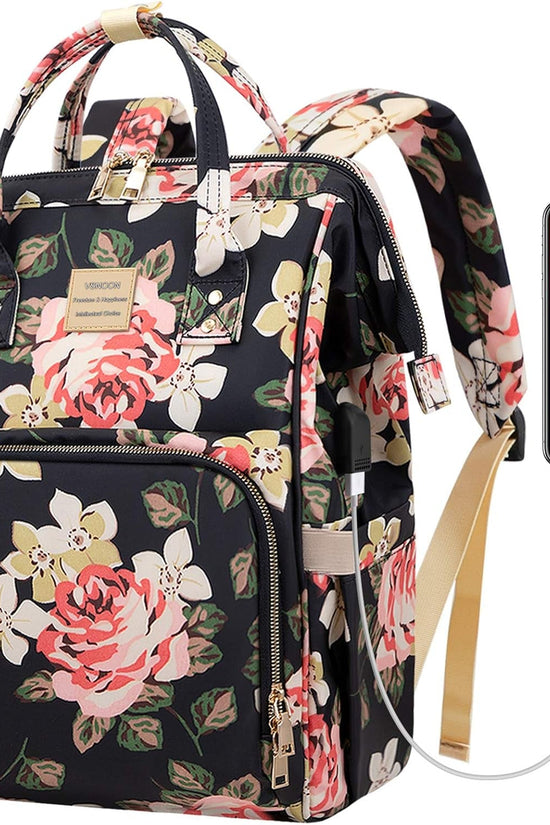 Laptop Backpack for Women,15.6 Inch Stylish College School Backpack with USB Charging Port,Water Resistant Casual Daypack Laptop Backpack for Girls/Nurse/Teacher/Travel (Flower Pattern) - Velinare