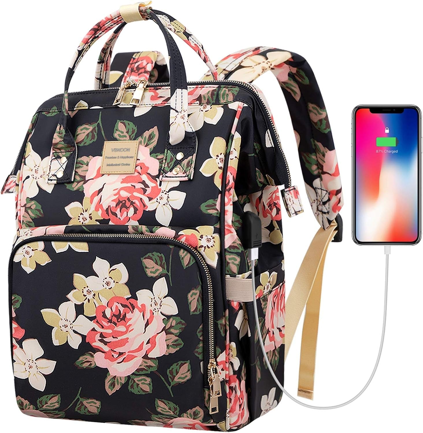 Laptop Backpack for Women,15.6 Inch Stylish College School Backpack with USB Charging Port,Water Resistant Casual Daypack Laptop Backpack for Girls/Nurse/Teacher/Travel (Flower Pattern) - Velinare