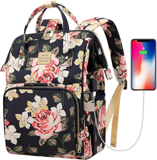 Laptop Backpack for Women,15.6 Inch Stylish College School Backpack with USB Charging Port,Water Resistant Casual Daypack Laptop Backpack for Girls/Nurse/Teacher/Travel (Flower Pattern) - Velinare
