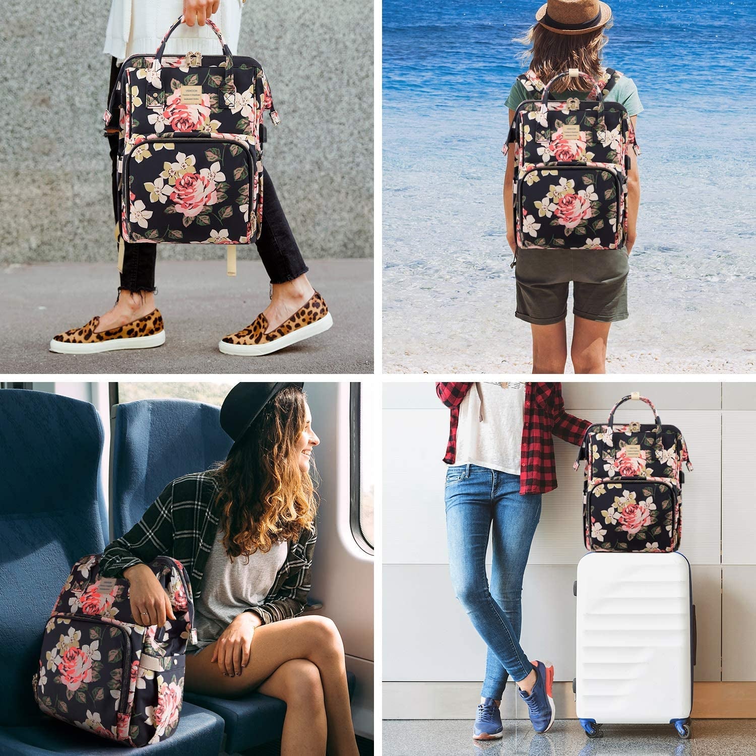 Laptop Backpack for Women,15.6 Inch Stylish College School Backpack with USB Charging Port,Water Resistant Casual Daypack Laptop Backpack for Girls/Nurse/Teacher/Travel (Flower Pattern) - Velinare