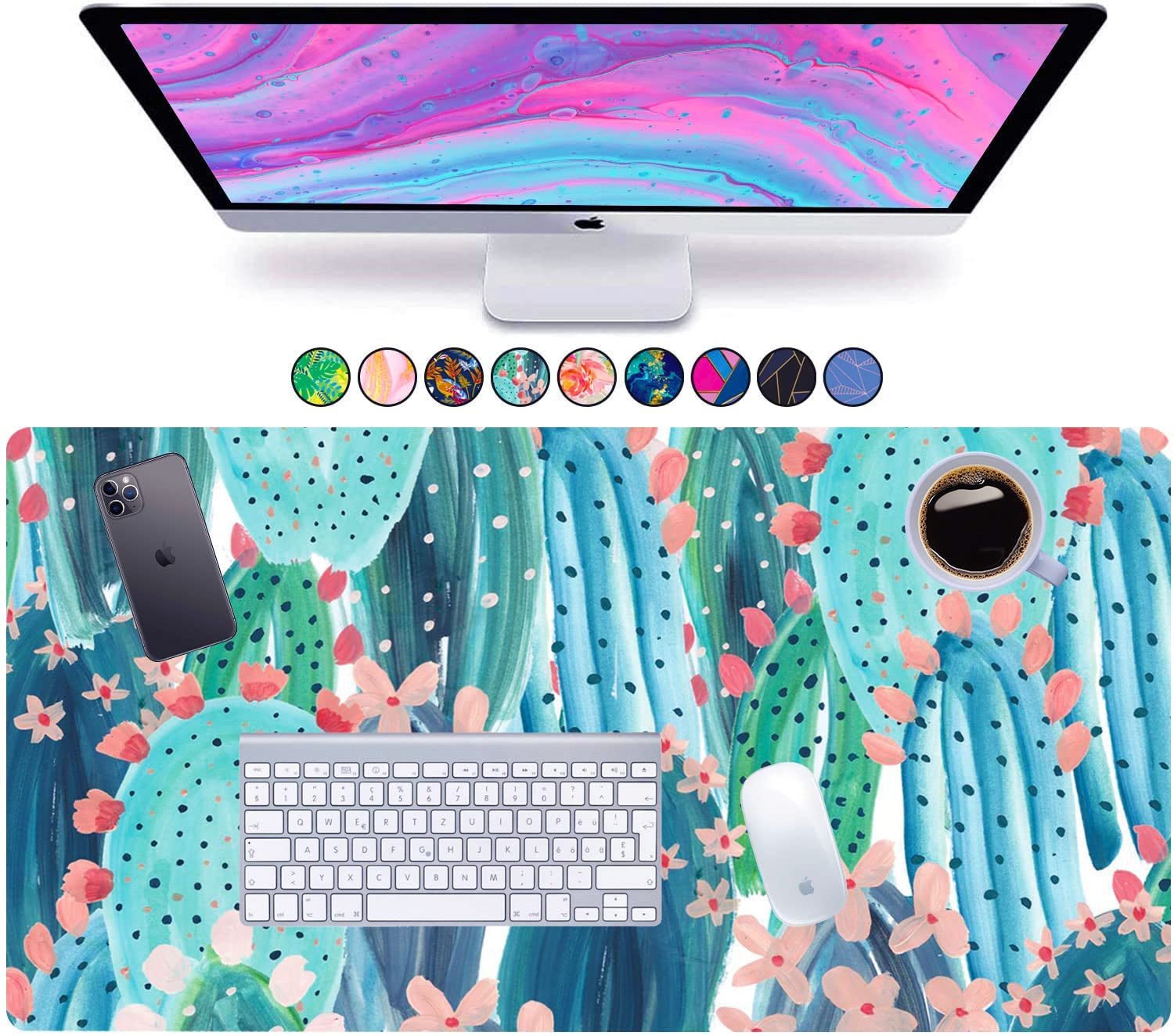Large Mouse Pad Long Desk Mat Keyboard Pad Desktop Accessories Home School College Decor Supplies Pretty Extended Mousepad Big Office Essentials Women Girls XL Plant Pink Green Cute Cactus - Velinare