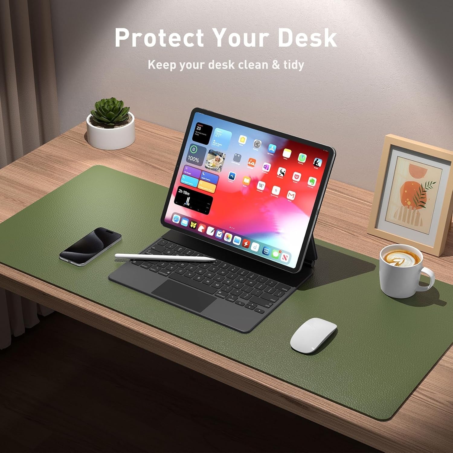 Leather Desk Pad Protector, Mouse Pad, Office Desk Mat, Non - Slip PU Leather Desk Blotter, Laptop Desk Pad, Waterproof Desk Writing Pad for Office and Home (31.5" X 15.7",Olive Green) - Velinare