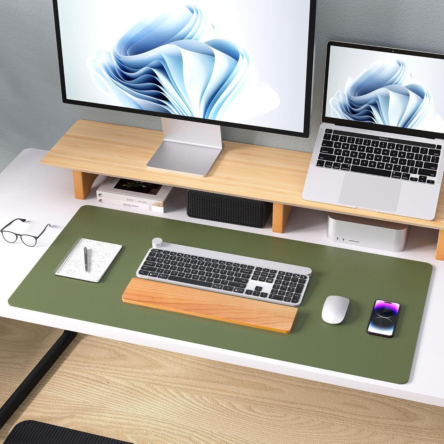 Leather Desk Pad Protector, Mouse Pad, Office Desk Mat, Non - Slip PU Leather Desk Blotter, Laptop Desk Pad, Waterproof Desk Writing Pad for Office and Home (31.5" X 15.7",Olive Green) - Velinare