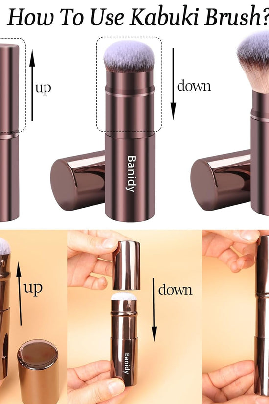 Makeup Brush Kabuki Face Brushes Retractable Travel Blush Brush Portable Flawless for Foundation, Powder Blush, Bronzer, Buffing, Liquid, Cream, Cruelty Free with Cover(Round - Head) - Velinare