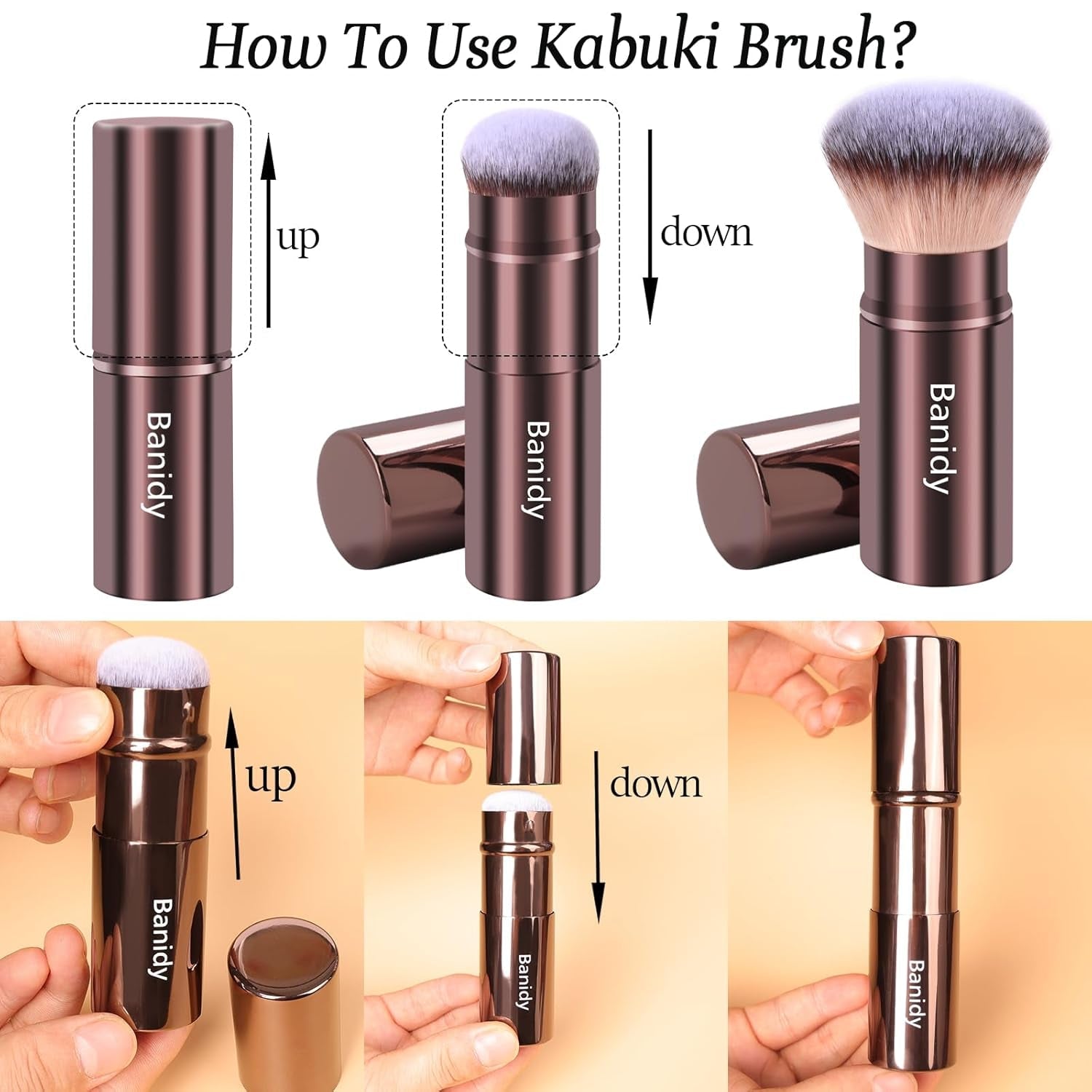 Makeup Brush Kabuki Face Brushes Retractable Travel Blush Brush Portable Flawless for Foundation, Powder Blush, Bronzer, Buffing, Liquid, Cream, Cruelty Free with Cover(Round - Head) - Velinare