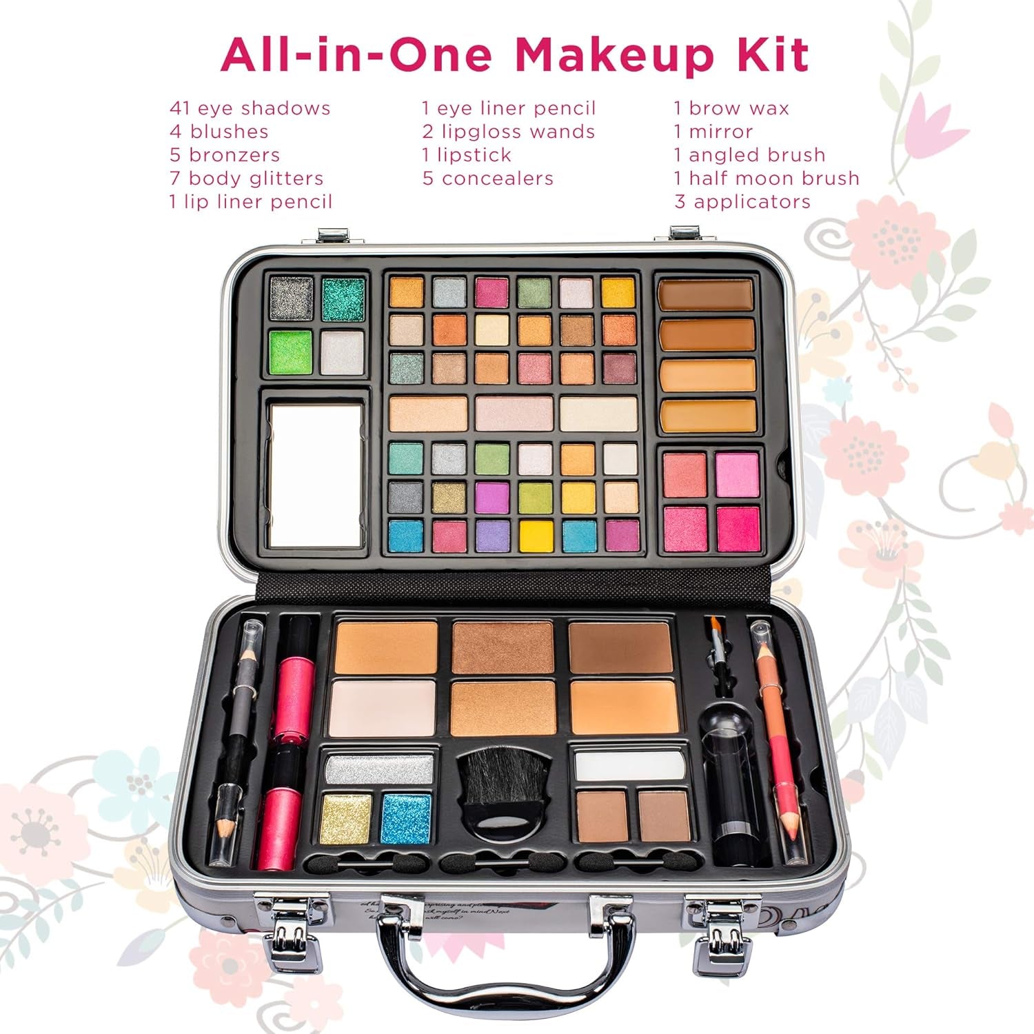 Makeup Kit Gift Set - 41 Eye Shadows, 7 Body Glitters, 1 Lip Liner Pencil, 1 Lipsticks, 4 Blushs, Eye Liner Pencil, 5 Concealers, 2 Lip Gloss, 5 Bronzers, Mirror - Velinare