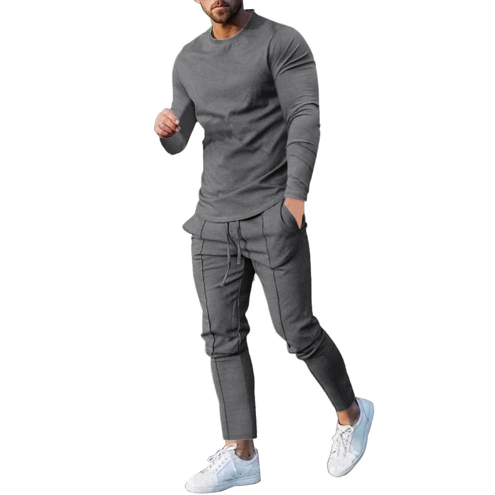 Men'S Tracksuits Tight T-Shirt and Pants Set Outfit Two - Piece Fitness Solid Training Casual Sports Sweatsuits - Velinare