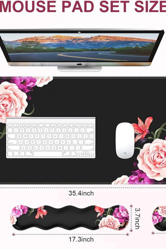 Mouse Pad Set, Desk Mat + Mouse Pad with Wrist Rest + Keyboard Wrist Rest + Coaster, Mouse and Keyboard Pad Set with Stitched Edge & Non - Slip Base, Desk Pad Mat for Work Gaming, Peony Flower - Velinare