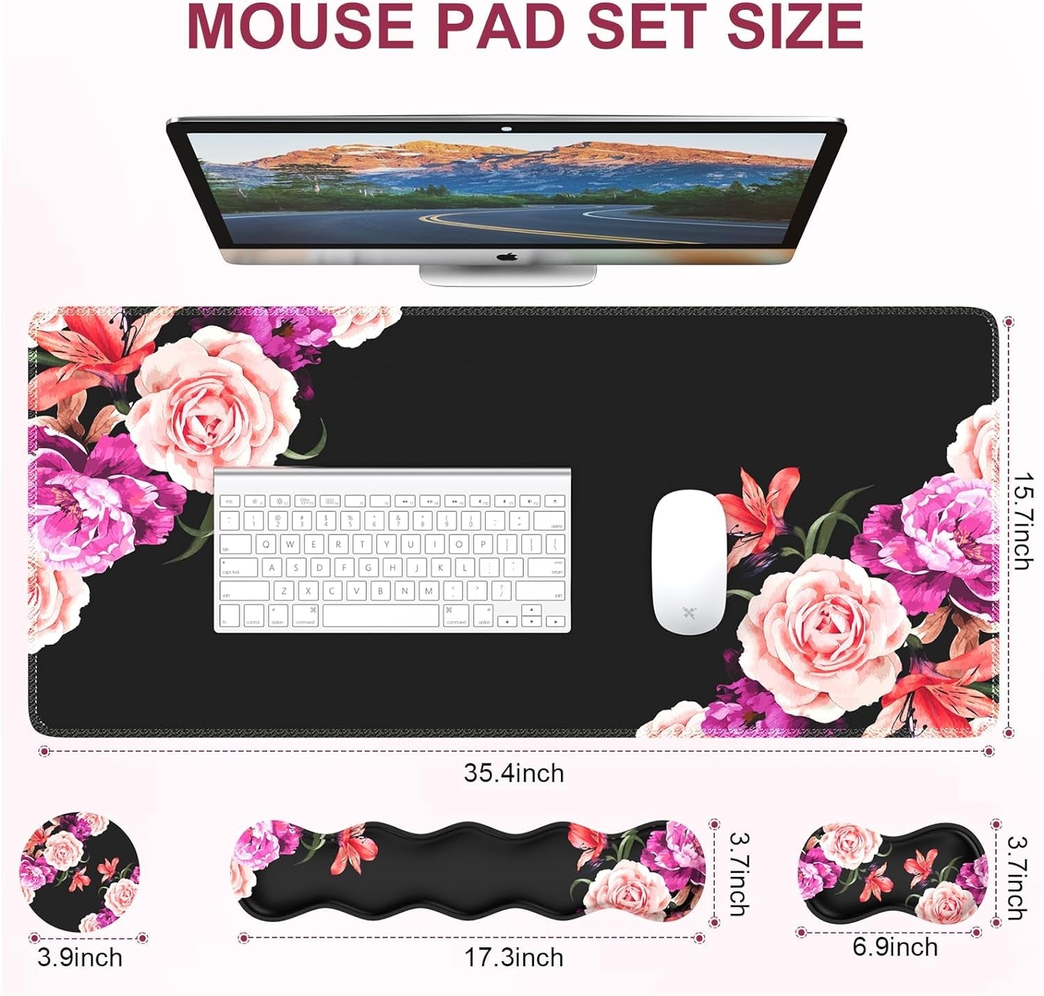 Mouse Pad Set, Desk Mat + Mouse Pad with Wrist Rest + Keyboard Wrist Rest + Coaster, Mouse and Keyboard Pad Set with Stitched Edge & Non - Slip Base, Desk Pad Mat for Work Gaming, Peony Flower - Velinare