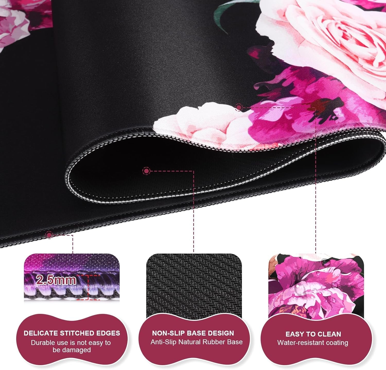 Mouse Pad Set, Desk Mat + Mouse Pad with Wrist Rest + Keyboard Wrist Rest + Coaster, Mouse and Keyboard Pad Set with Stitched Edge & Non - Slip Base, Desk Pad Mat for Work Gaming, Peony Flower - Velinare