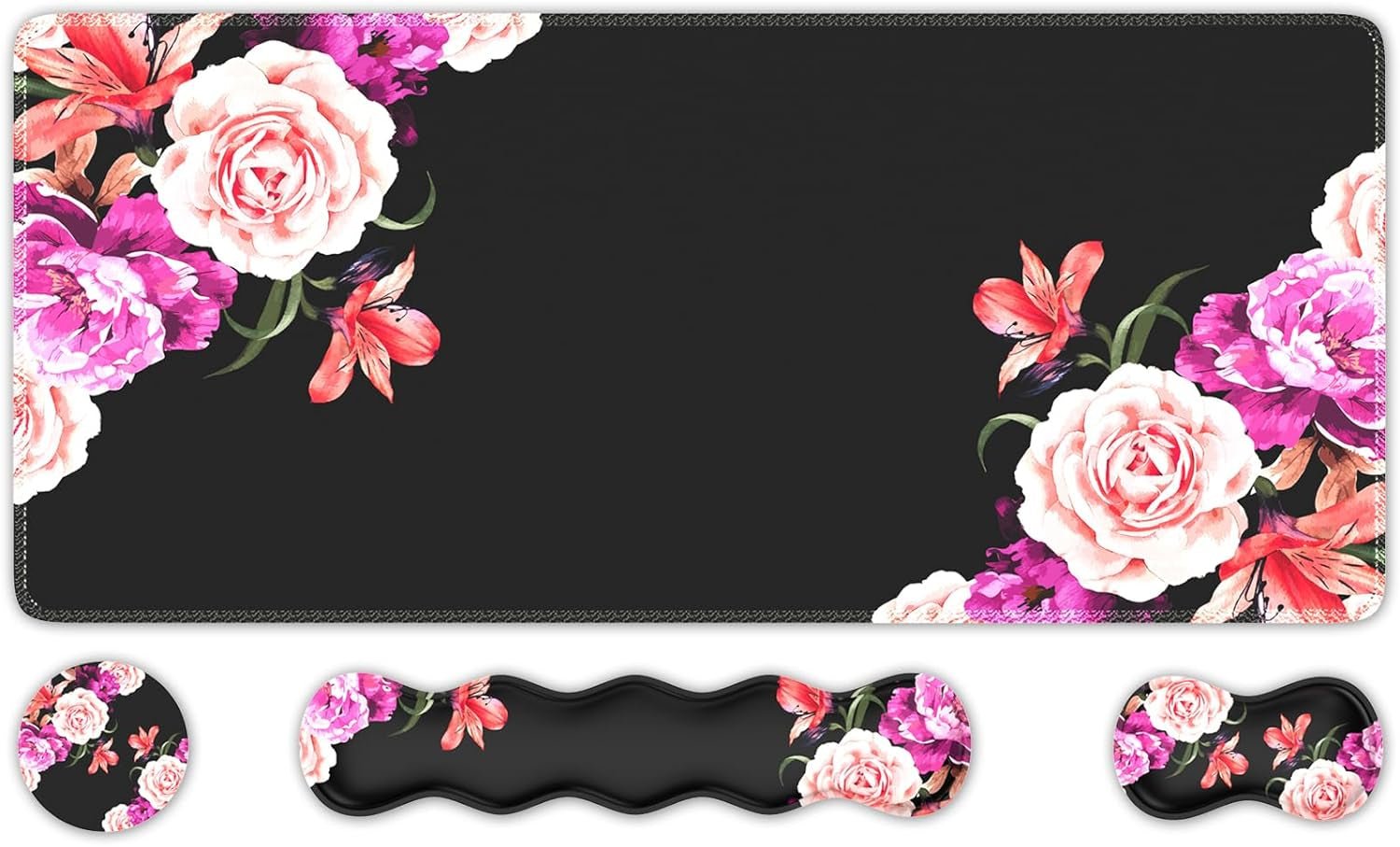 Mouse Pad Set, Desk Mat + Mouse Pad with Wrist Rest + Keyboard Wrist Rest + Coaster, Mouse and Keyboard Pad Set with Stitched Edge & Non - Slip Base, Desk Pad Mat for Work Gaming, Peony Flower - Velinare