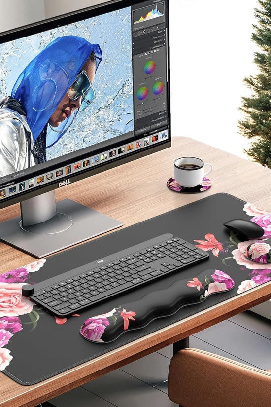Mouse Pad Set, Desk Mat + Mouse Pad with Wrist Rest + Keyboard Wrist Rest + Coaster, Mouse and Keyboard Pad Set with Stitched Edge & Non - Slip Base, Desk Pad Mat for Work Gaming, Peony Flower - Velinare