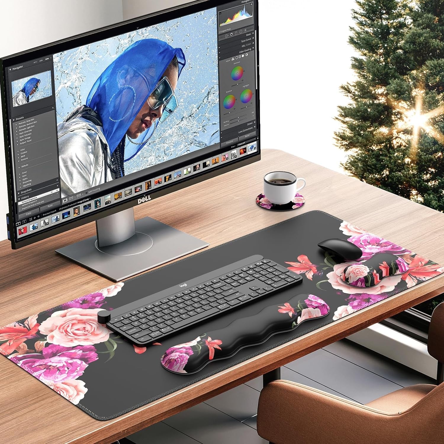 Mouse Pad Set, Desk Mat + Mouse Pad with Wrist Rest + Keyboard Wrist Rest + Coaster, Mouse and Keyboard Pad Set with Stitched Edge & Non - Slip Base, Desk Pad Mat for Work Gaming, Peony Flower - Velinare