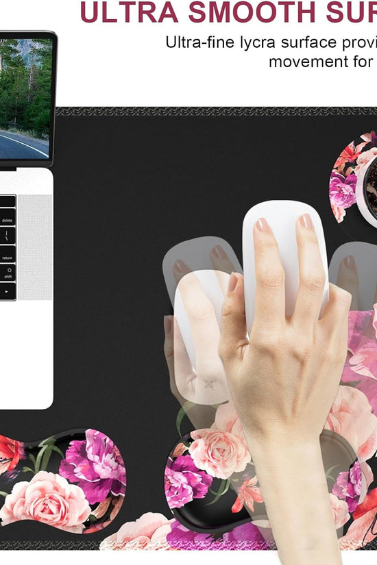 Mouse Pad Set, Desk Mat + Mouse Pad with Wrist Rest + Keyboard Wrist Rest + Coaster, Mouse and Keyboard Pad Set with Stitched Edge & Non - Slip Base, Desk Pad Mat for Work Gaming, Peony Flower - Velinare