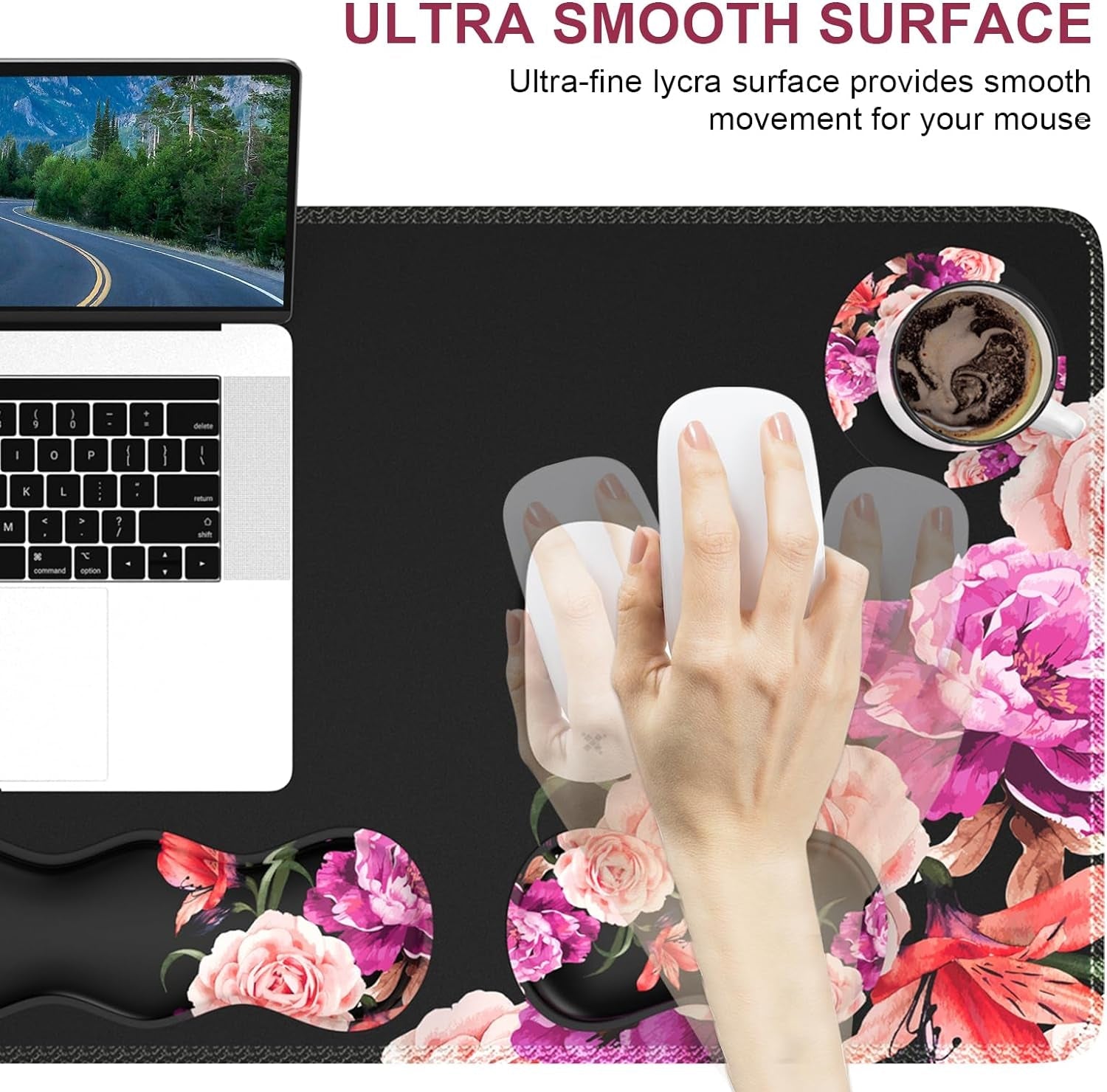 Mouse Pad Set, Desk Mat + Mouse Pad with Wrist Rest + Keyboard Wrist Rest + Coaster, Mouse and Keyboard Pad Set with Stitched Edge & Non - Slip Base, Desk Pad Mat for Work Gaming, Peony Flower - Velinare