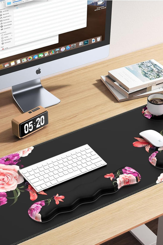 Mouse Pad Set, Desk Mat + Mouse Pad with Wrist Rest + Keyboard Wrist Rest + Coaster, Mouse and Keyboard Pad Set with Stitched Edge & Non - Slip Base, Desk Pad Mat for Work Gaming, Peony Flower - Velinare