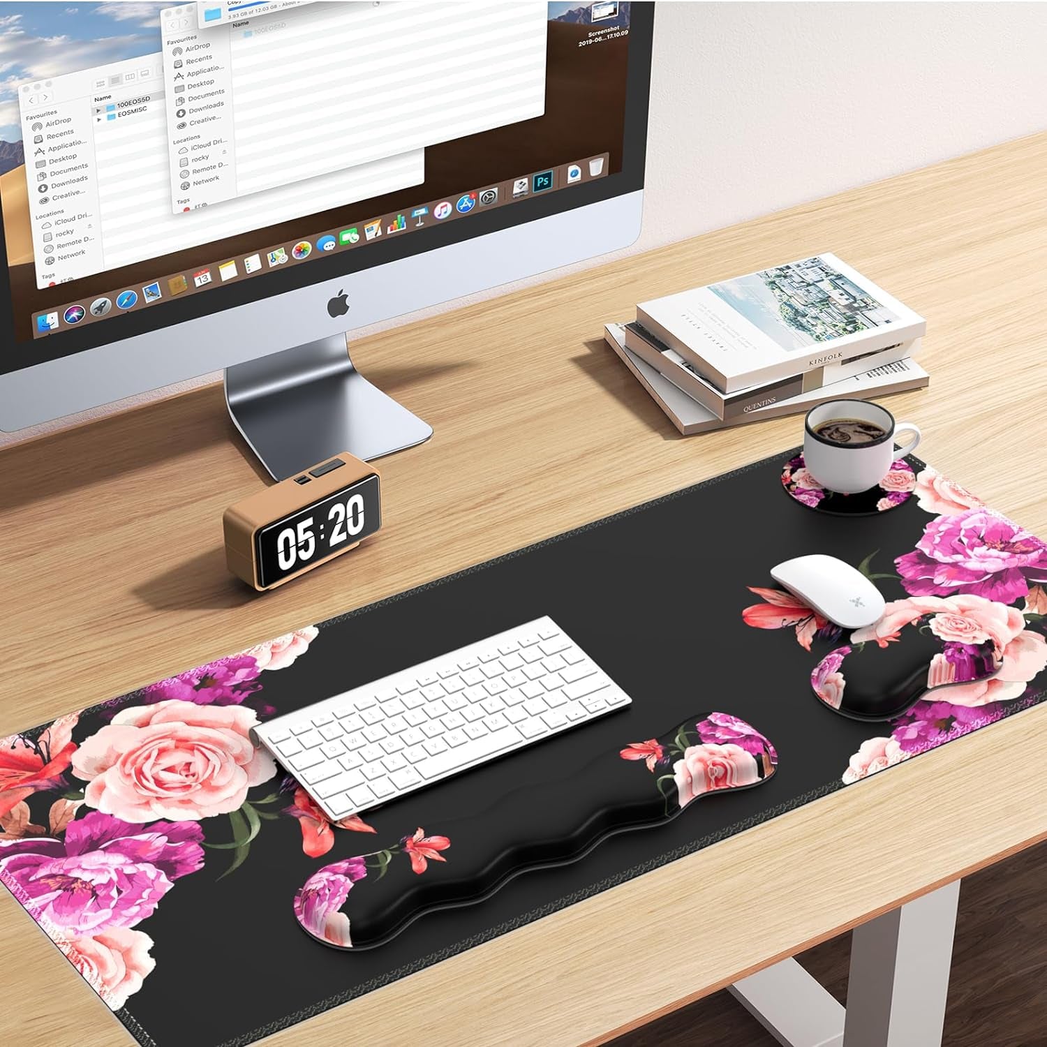 Mouse Pad Set, Desk Mat + Mouse Pad with Wrist Rest + Keyboard Wrist Rest + Coaster, Mouse and Keyboard Pad Set with Stitched Edge & Non - Slip Base, Desk Pad Mat for Work Gaming, Peony Flower - Velinare