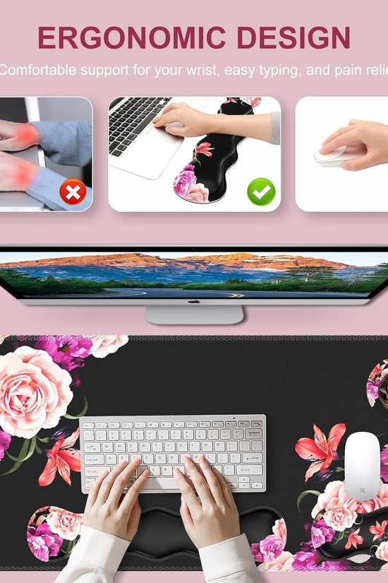 Mouse Pad Set, Desk Mat + Mouse Pad with Wrist Rest + Keyboard Wrist Rest + Coaster, Mouse and Keyboard Pad Set with Stitched Edge & Non - Slip Base, Desk Pad Mat for Work Gaming, Peony Flower - Velinare