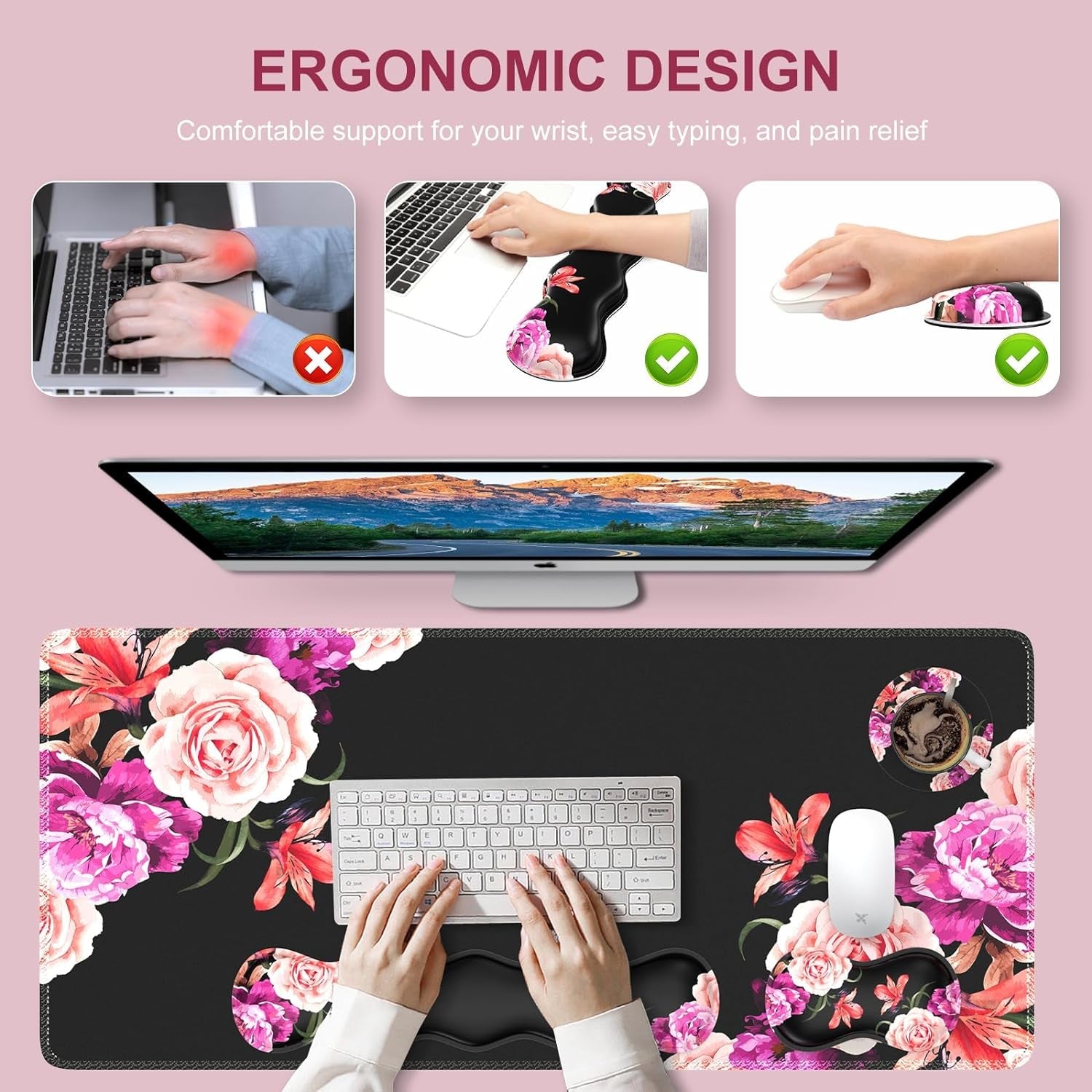 Mouse Pad Set, Desk Mat + Mouse Pad with Wrist Rest + Keyboard Wrist Rest + Coaster, Mouse and Keyboard Pad Set with Stitched Edge & Non - Slip Base, Desk Pad Mat for Work Gaming, Peony Flower - Velinare