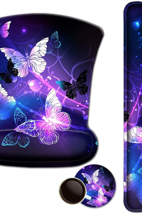 Mouse Pad with Wrist Support and Keyboard Wrist Rest Pad Set,Ergonomic Mouse Pads for Computers Laptop,Non - Slip Comfortable Mousepad W/Raised Memory Foam for Easy Typing & Pain Relief (Arts Butterfly) - Velinare