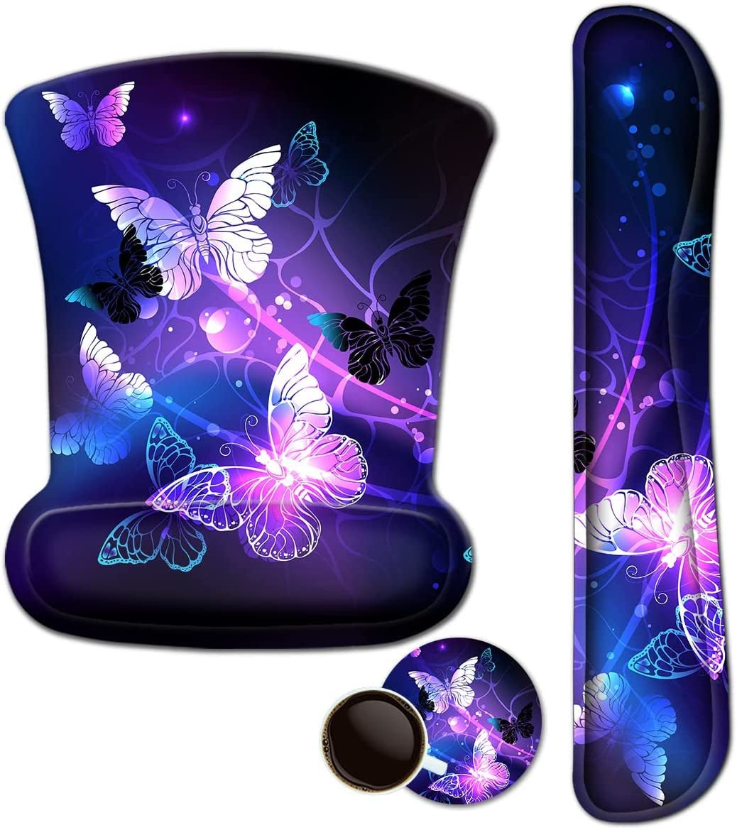 Mouse Pad with Wrist Support and Keyboard Wrist Rest Pad Set,Ergonomic Mouse Pads for Computers Laptop,Non - Slip Comfortable Mousepad W/Raised Memory Foam for Easy Typing & Pain Relief (Arts Butterfly) - Velinare