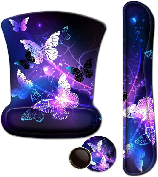 Mouse Pad with Wrist Support and Keyboard Wrist Rest Pad Set,Ergonomic Mouse Pads for Computers Laptop,Non - Slip Comfortable Mousepad W/Raised Memory Foam for Easy Typing & Pain Relief (Arts Butterfly) - Velinare